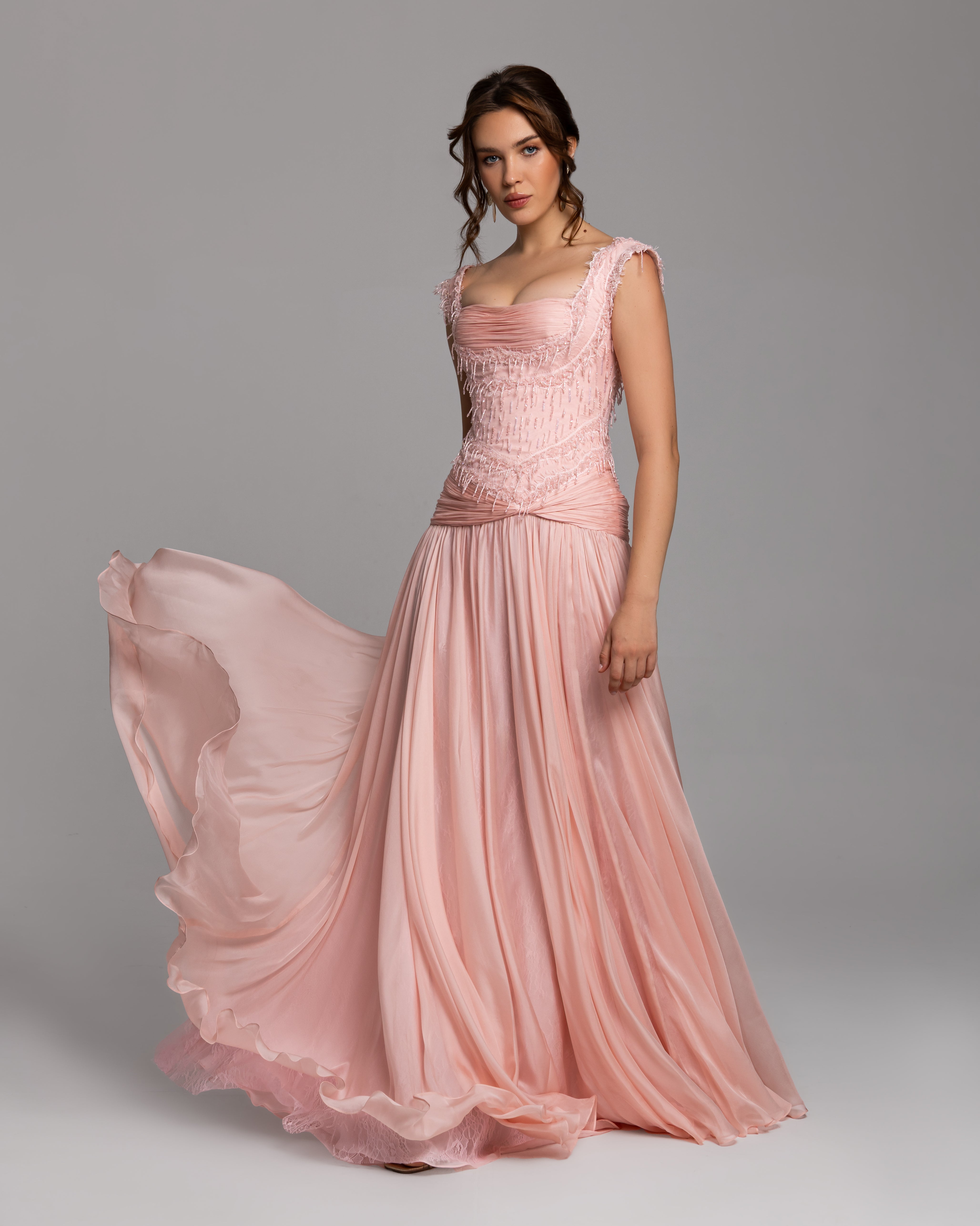 Blush Peach Embellished Chiffon Evening Gown