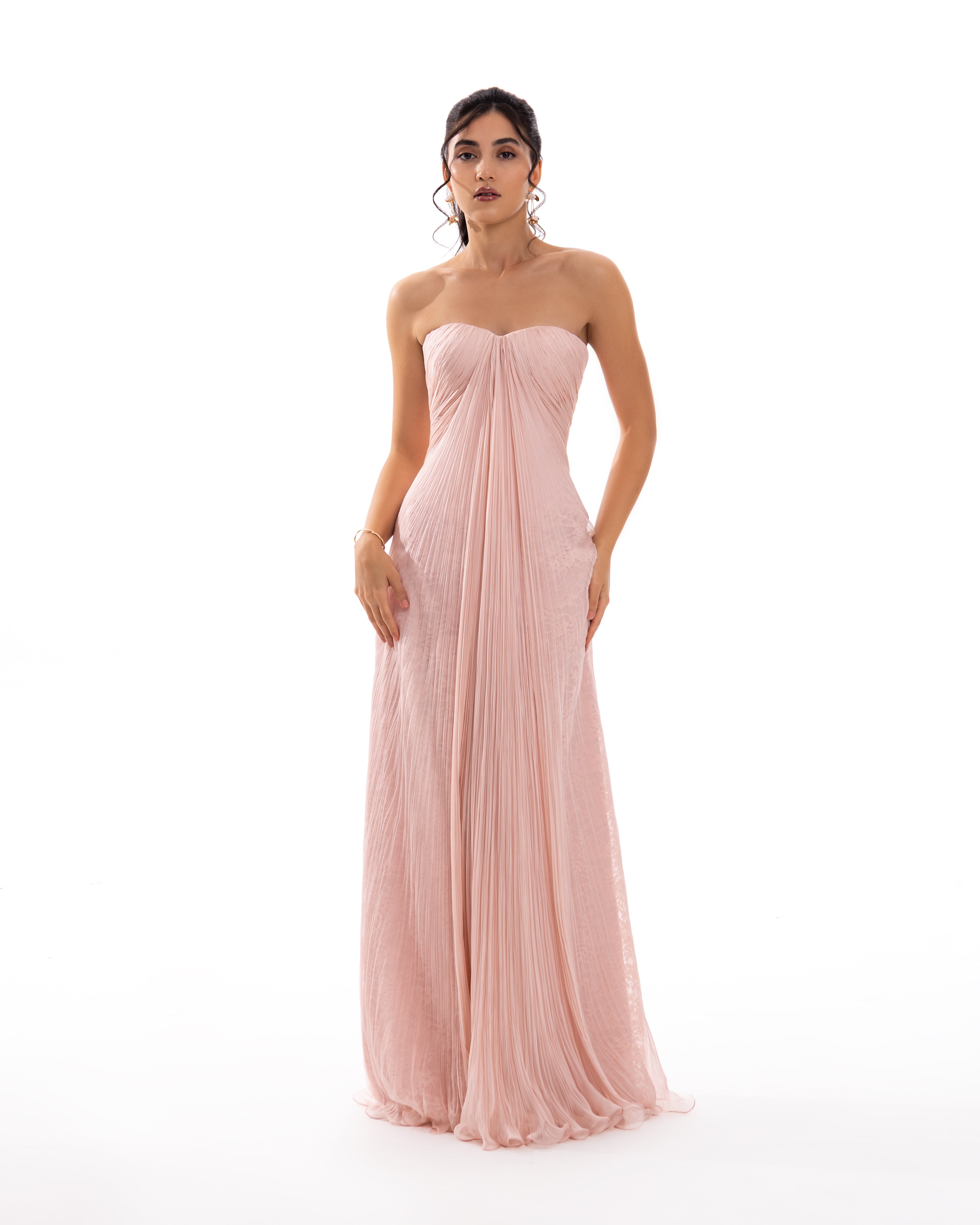 Powder Blush Pleated Strapless Evening Gown