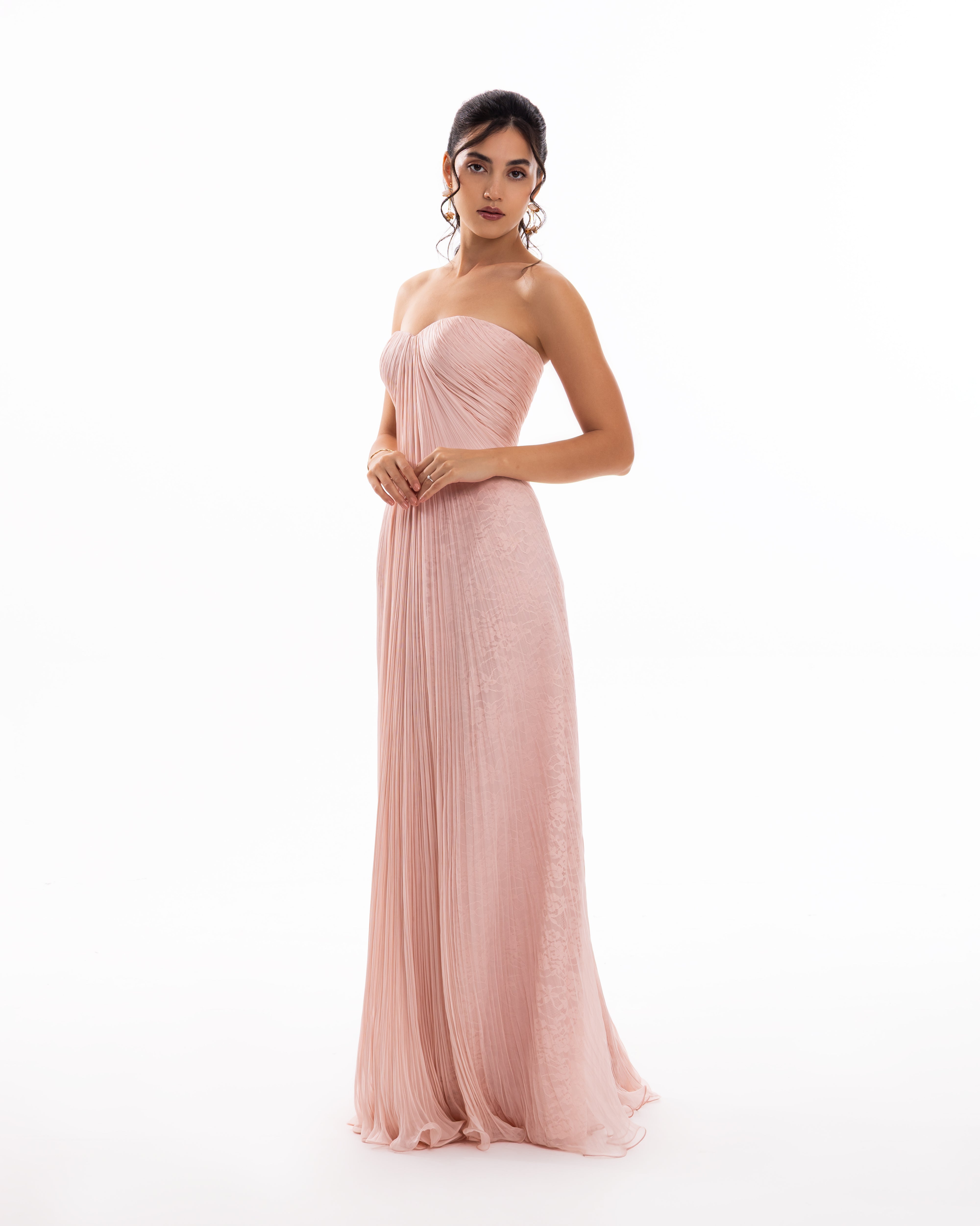 Powder Blush Pleated Strapless Evening Gown