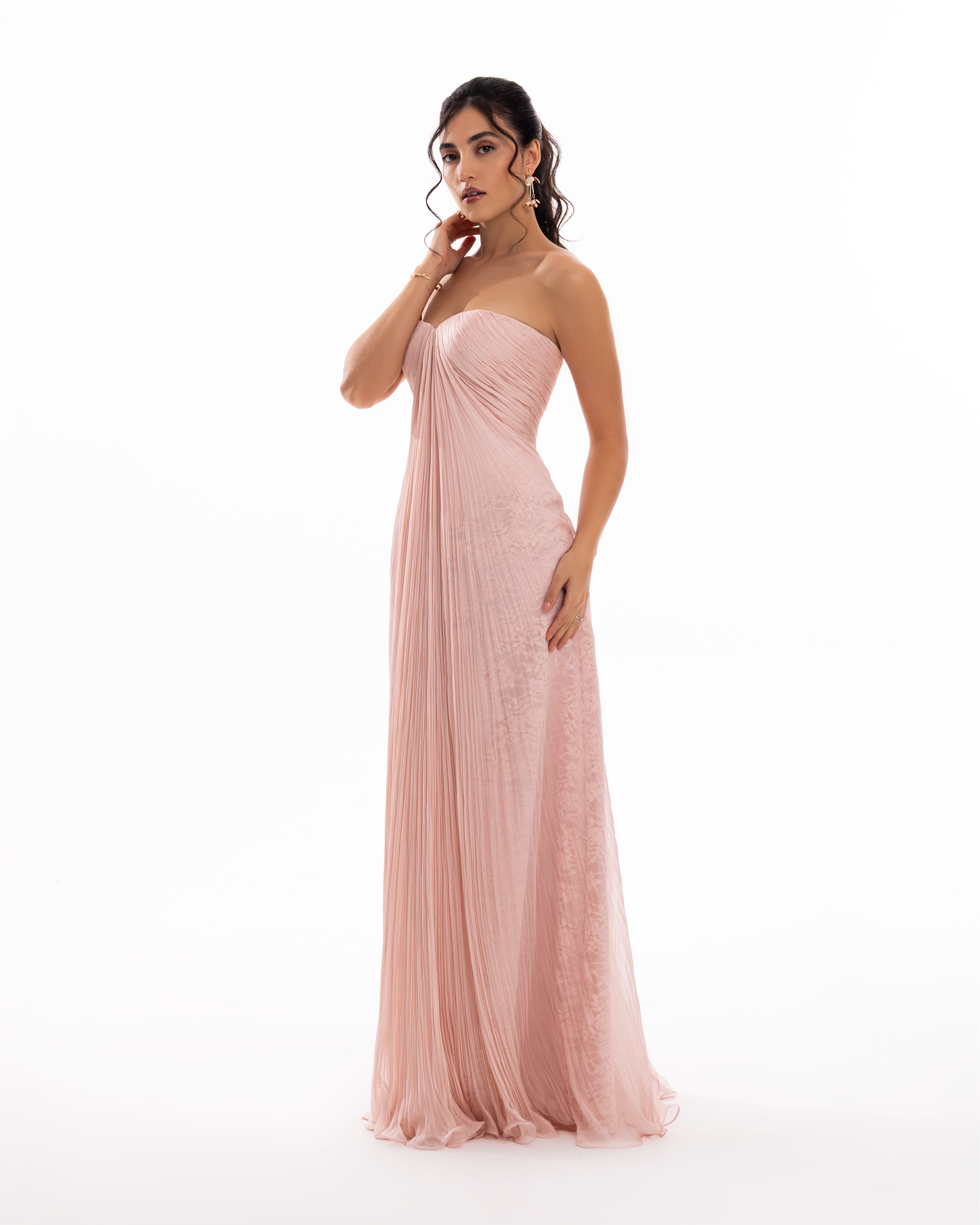 Powder Blush Pleated Strapless Evening Gown