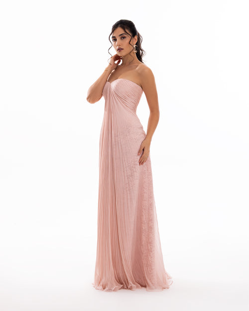 Powder Blush Pleated Strapless Evening Gown