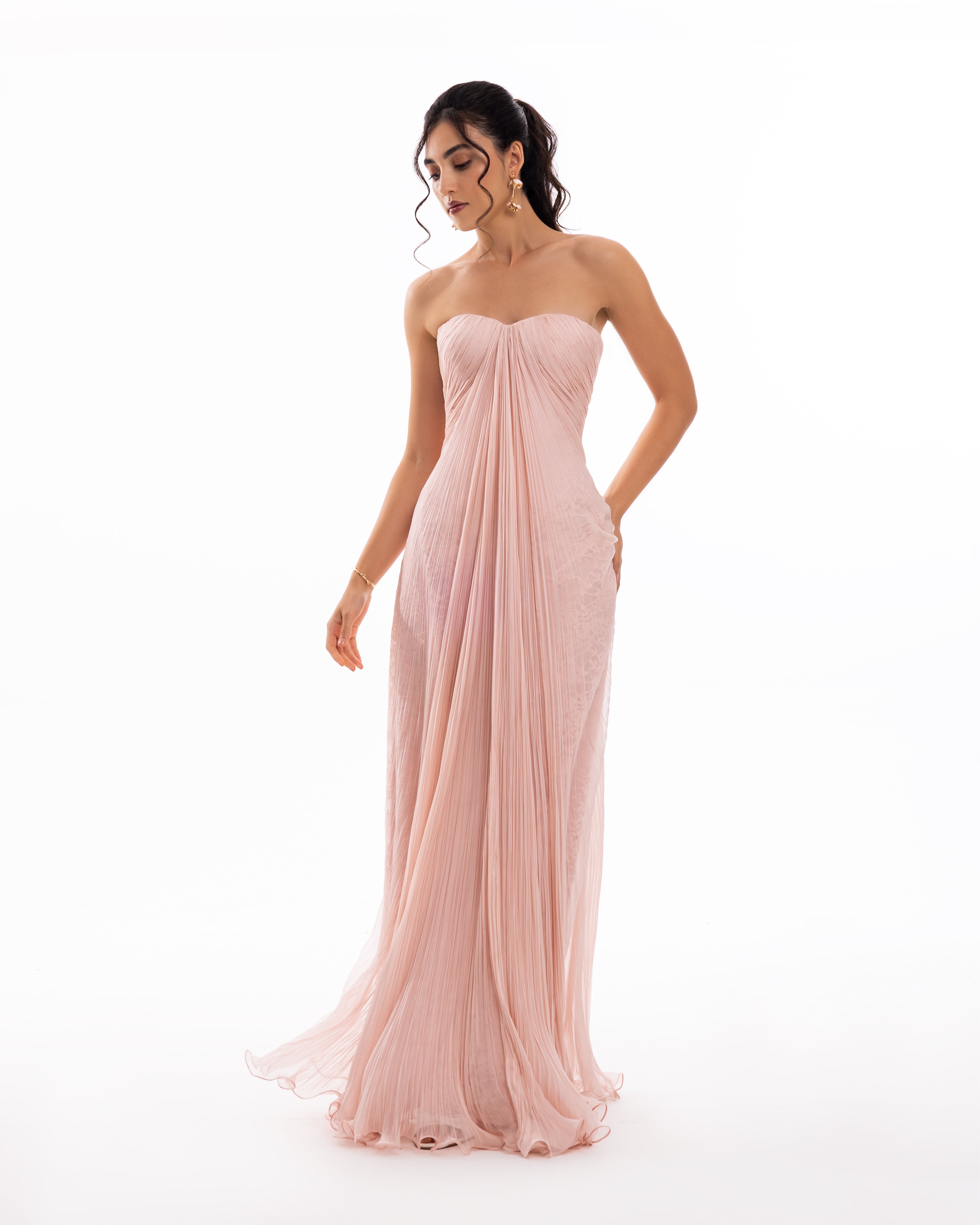 Powder Blush Pleated Strapless Evening Gown