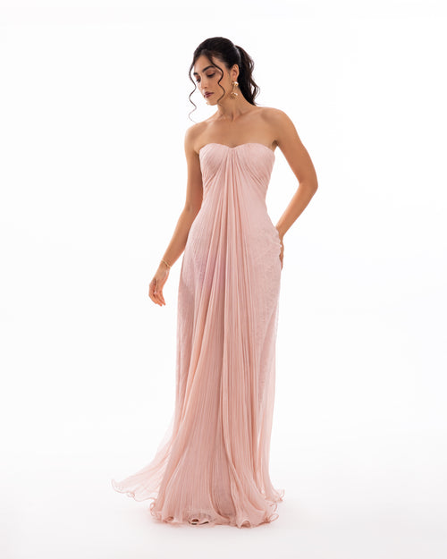 Powder Blush Pleated Strapless Evening Gown