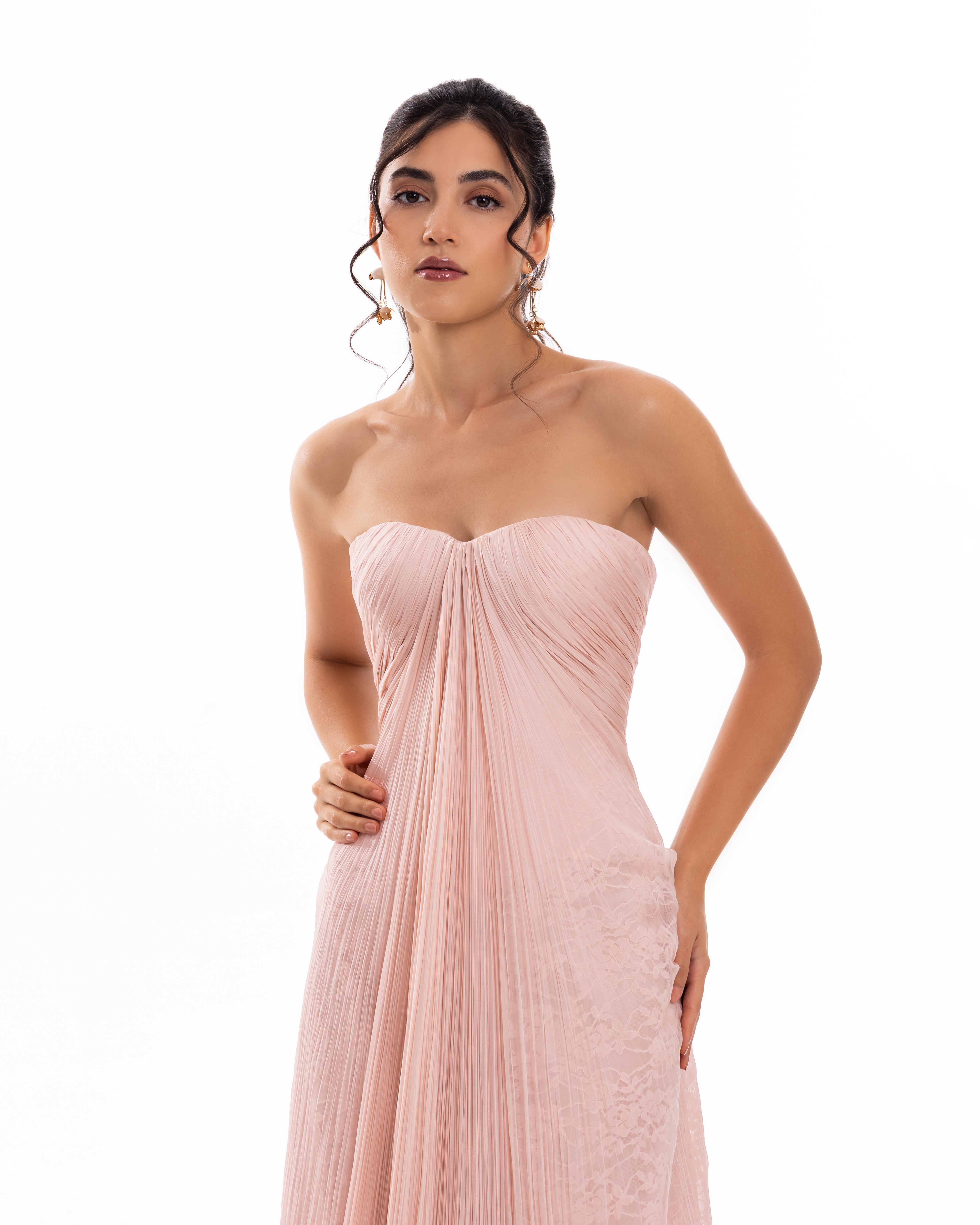 Powder Blush Pleated Strapless Evening Gown