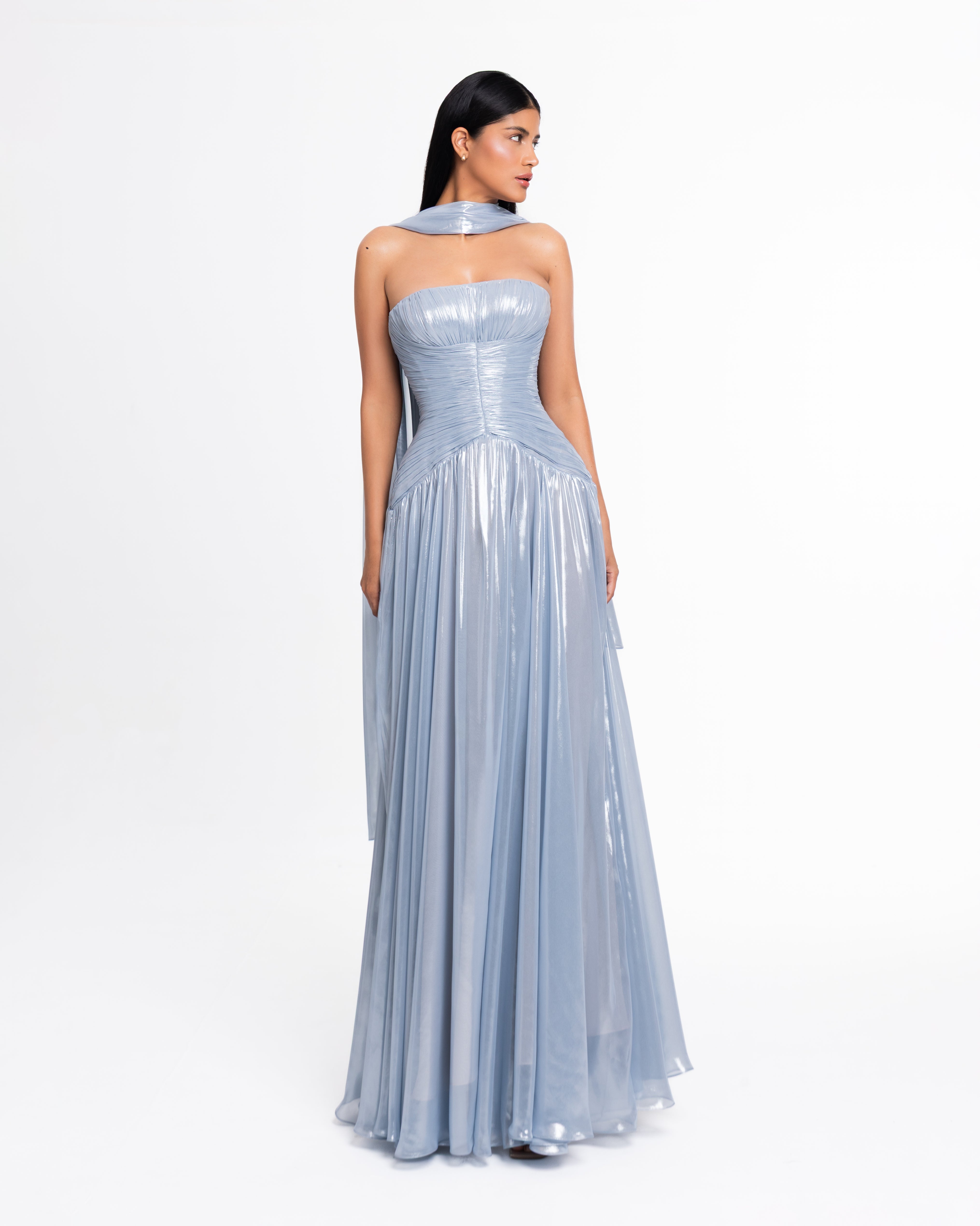 Celeste Metallic Chiffon Evening Gown