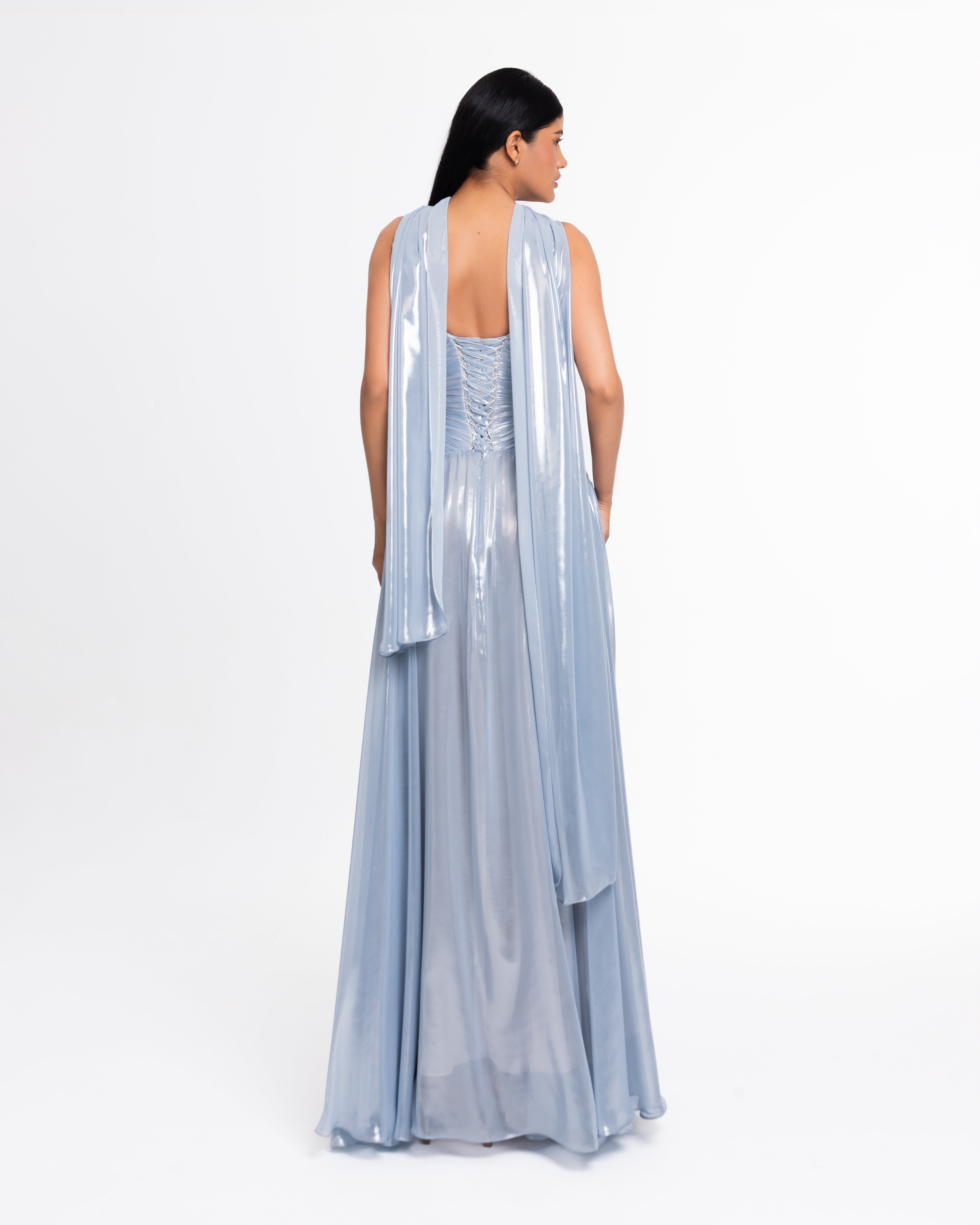 Celeste Metallic Chiffon Evening Gown