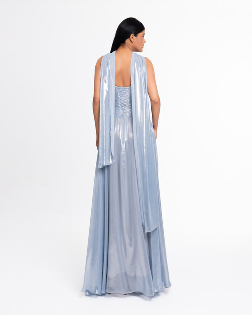 Celeste Metallic Chiffon Evening Gown