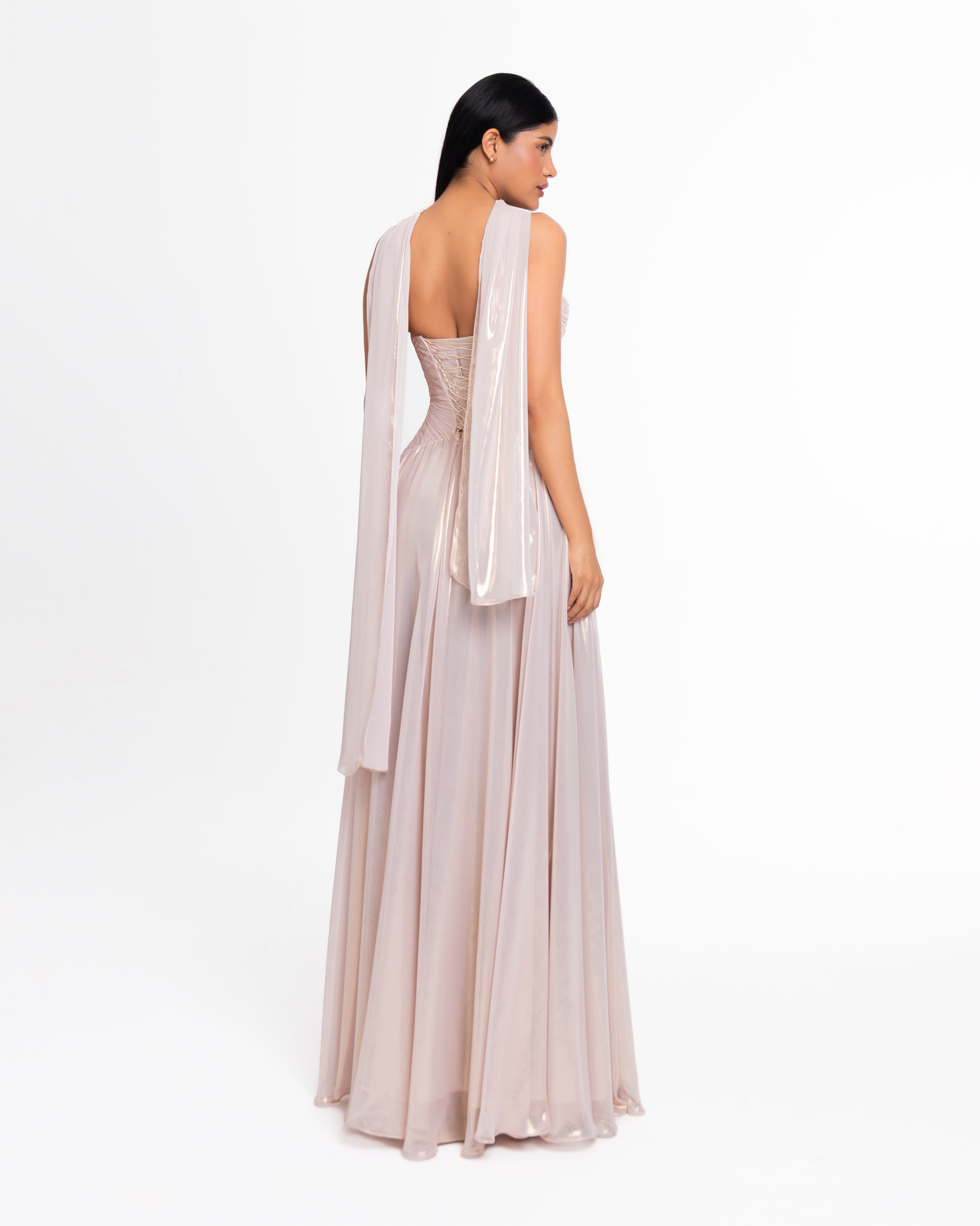 Celeste Metallic Chiffon Evening Gown