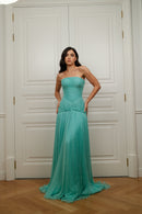 Aqua Draped Pleated Gown