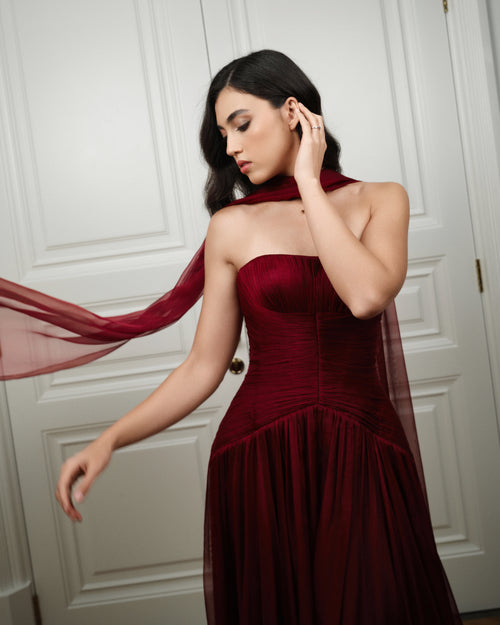 Maroon Draped Corset Gown